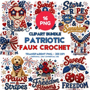 Patriotic Faux Crochet PNG Bundle, 4th of July Sublimation Designs, USA Summer Clipart, 300DPI (Digital Download).
Patriotic faux crochet clipart bundle featuring 16 red, white, and blue PNG designs including popsicles, bows, sunglasses, eagle, dog, flowers, cherries, and USA-themed summer graphics.
patriotic png, faux crochet png, 4th july bundle, usa sublimation, crochet usa png, patriotic shirt png, usa babe png, sweet liberty png, freedom bow png, paws and stripes, summer usa design
