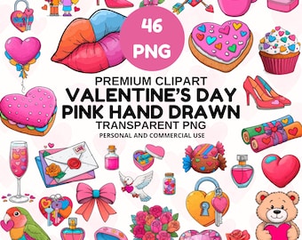 Roze handgetekende Valentijnsclipart | Liefdesdoodles, harten, strikken | 46 DIY Valentijn transparant png