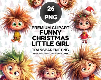 May include: A collection of 26 PNG images featuring cartoon Christmas little girls with wild, spiky hair. The girls are dressed in festive outfits, some wearing Santa hats and red dresses. The text reads "Premium Clipart Funny Christmas Little Girl".
