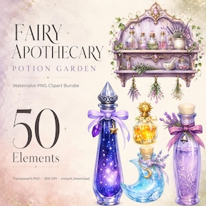 Może przedstawiać: Cyfrowa kolekcja zatytułowana FAIRY APOTHECARY POTION GARDEN zawierająca akwarelowe ilustracje drewnianej półki ściennej z butelkami, ziołami i moździerzem oraz czterema różnymi buteleczkami z miksturami ozdobionymi fioletowymi wstążkami.