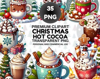 Conjunto de imágenes prediseñadas de chocolate caliente navideño, paquete de PNG de tazas navideñas (35 elementos)