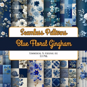 Peut inclure: Ensemble de motifs sans couture avec des motifs floraux et vichy bleus. Les motifs comprennent divers arrangements floraux et carreaux vichy dans des tons de bleu et de blanc. Le texte indique "Seamless Patterns Blue Floral Gingham".