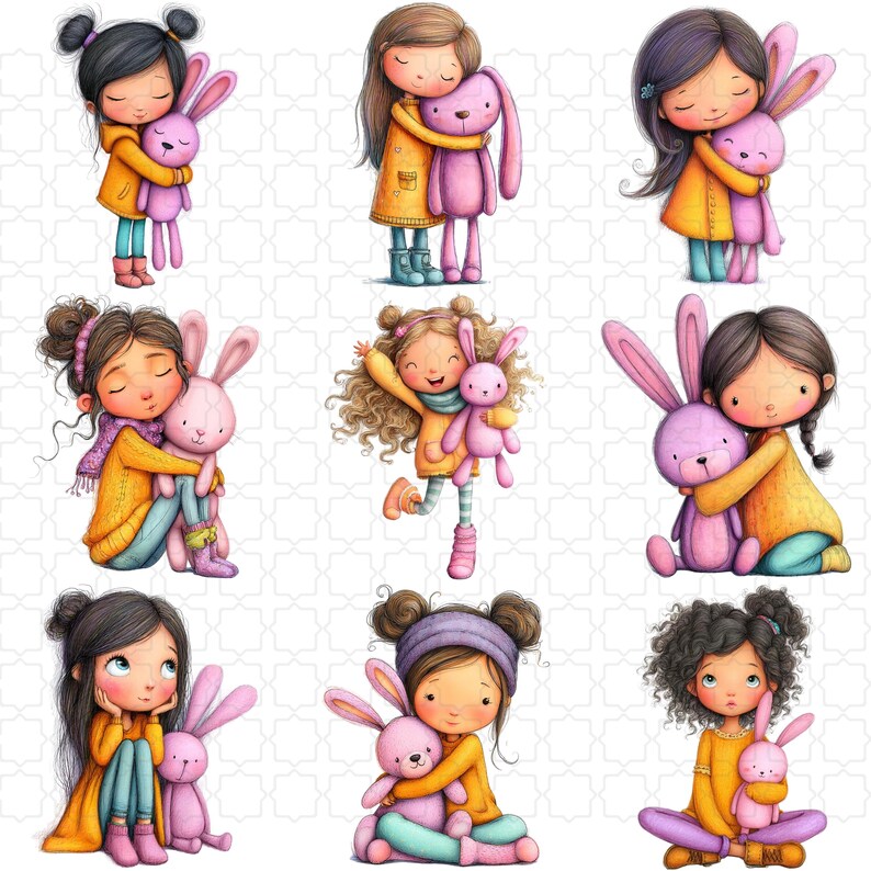 34 Quirky Girl With Bunny Clipart | Plush Rabbit Characters | Nursery ...