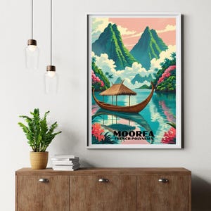 Impresión de arte mural de Moorea, Polinesia Francesa, póster de isla tropical, decoración de viaje costero, impresión de pared de playa bohemia, arte paradisíaco, estudio de arte ghibli