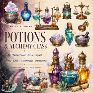 Peut inclure: Une collection d'illustrations à l'aquarelle représentant des outils d'alchimie et des potions, incluant un chaudron, des flacons, une balance, un mortier et une plume. Le texte indique WITCH ACADEMY POTIONS & ALCHEMY CLASS 40 Watercolor PNG Clipart.