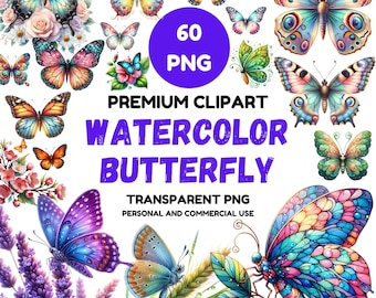 May include: A collection of 60 watercolor butterfly PNG images in various colors and designs. The image includes butterflies with blue, purple, orange, and green wings, with text that reads "Premium Clipart Watercolor Butterfly Transparent PNG Personal and Commercial Use."