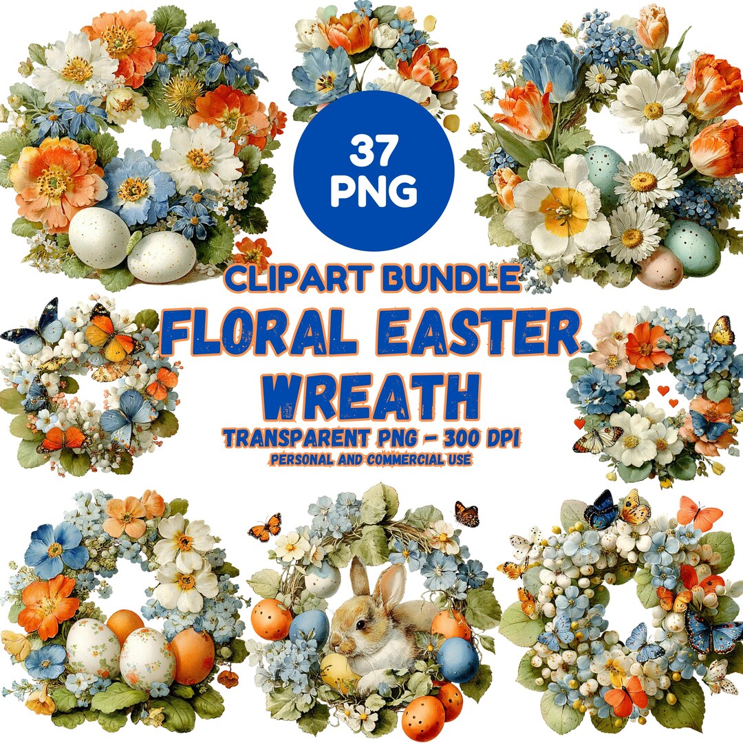 Watercolor Easter Wreath Clipart | Floral Bunny PNG Bundle - Etsy