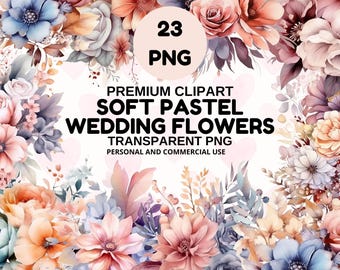 Clipart fleurs de mariage pastel doux, fleur pastel pour lot d'invitations, PNG transparent