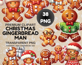 Op de afbeelding: Een verzameling feestelijke gingerbread man clipart afbeeldingen. De gingerbread mannen zijn versierd met glazuur, dragen hoeden, strikjes en andere feestelijke accessoires. Tekst bevat "Premium Clipart Christmas Gingerbread Man" en "38 PNG".