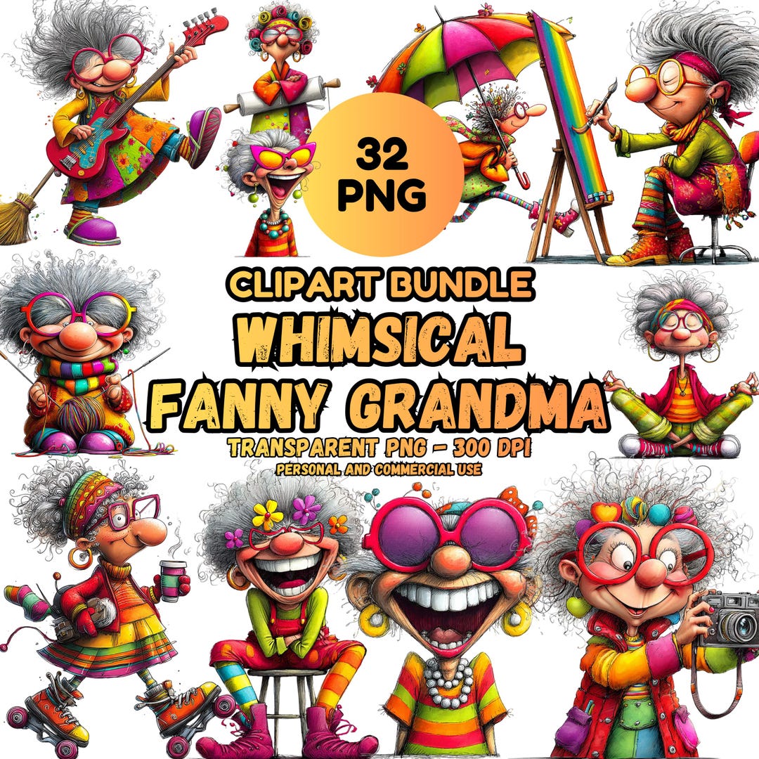 32 Whimsical Colorful Cartoon Old Lady Clipart Bundle | Funny Grandma ...
