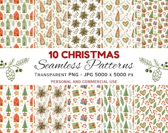 Watercolor Christmas Seamless Patterns, Festive Winter Digital Scrapbook Paper