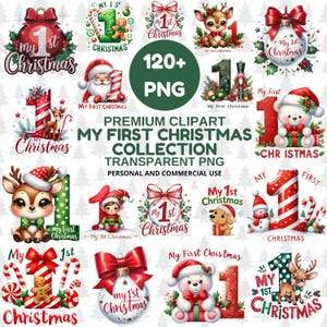 Könnte beinhalten: Eine Sammlung von Weihnachtskunst-Clipart-Bildern mit dem Schriftzug "My 1st Christmas". Die Designs umfassen festliche Elemente wie Rentiere, Weihnachtsmänner, Teddybären, Ornamente und Zuckerstangen. Die Sammlung ist als transparente PNG-Dateien gekennzeichnet.