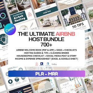 May include: A promotional image for an Airbnb host bundle, featuring the text "The Ultimate Airbnb Host Bundle 700+". The image includes various mockups of digital products, including a welcome book, signs, checklists, and spreadsheets. The Canva logo is visible.
