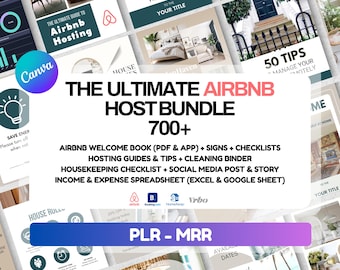 Op de afbeelding: Een promotieafbeelding voor een Airbnb host bundle, met de tekst "The Ultimate Airbnb Host Bundle 700+". De afbeelding bevat verschillende mockups van digitale producten, waaronder een welkomstboek, borden, checklists en spreadsheets. Het Canva-logo is zichtbaar.