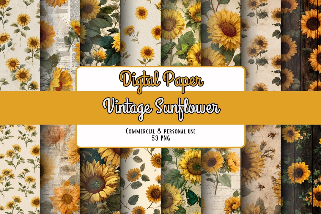 53 Vintage Sunflower Digital Paper Bundle | Seamless Patterns Rustic ...
