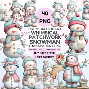 May include: A collection of whimsical snowman clipart in various poses, wearing hats, scarves, and mittens. The snowmen are in pastel colors with patchwork details. The image includes the text "40 PNG", "Premium Clipart Whimsical Patchwork Snowman", and "Buy 1 Get 1 Free + Gift Included".