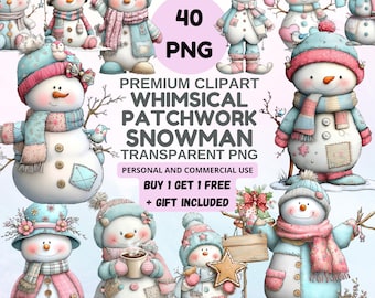 Patchwork Sneeuwpop Clipart, 40 Speelse Kerst PNG, Wintervakantie (Digitale Download)