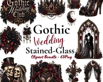 Gothic Wedding Clipart Bundle, Stained Glass PNG, Dark Romance Wedding Graphics