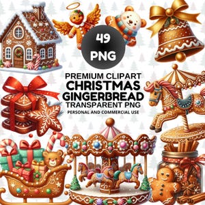 May include: A collection of Christmas-themed gingerbread clip art. The image includes a gingerbread house, angel, bear, bell, cookies, sleigh, carousel, and a jar of gingerbread men. The text reads "Premium Clipart Christmas Gingerbread Transparent PNG".