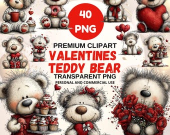 Teddy Bear Valentines Clipart | 40 Bear with Heart & Love Designs | Transparent PNG