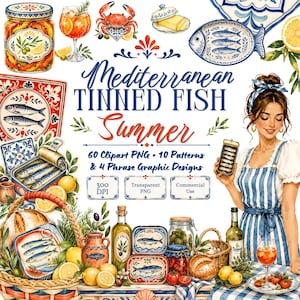 Mediterranean Tinned Fish Summer Clipart Bundle, Coastal Kitchen PNG, Sardine Summer Graphics, 74 PNG Digital Download