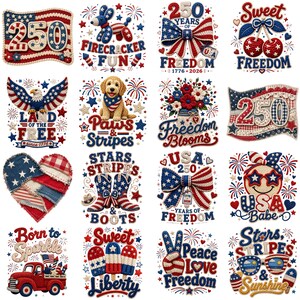 Patriotic Faux Crochet PNG Bundle, 4th of July Sublimation Designs, USA Summer Clipart, 300DPI (Digital Download).
Patriotic faux crochet clipart bundle featuring 16 red, white, and blue PNG designs including popsicles, bows, sunglasses, eagle, dog, flowers, cherries, and USA-themed summer graphics.
patriotic png, faux crochet png, 4th july bundle, usa sublimation, crochet usa png, patriotic shirt png, usa babe png, sweet liberty png, freedom bow png, paws and stripes, summer usa design