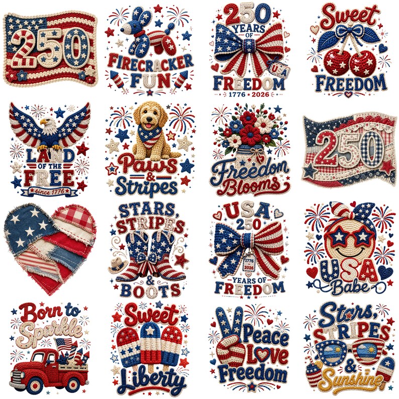 Patriotic Faux Crochet PNG Bundle, 4th of July Sublimation Designs, USA Summer Clipart, 300DPI (Digital Download).
Patriotic faux crochet clipart bundle featuring 16 red, white, and blue PNG designs including popsicles, bows, sunglasses, eagle, dog, flowers, cherries, and USA-themed summer graphics.
patriotic png, faux crochet png, 4th july bundle, usa sublimation, crochet usa png, patriotic shirt png, usa babe png, sweet liberty png, freedom bow png, paws and stripes, summer usa design