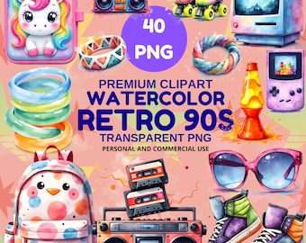 Retro 90s Clipart | Watercolor Pop Art PNG Bundle
