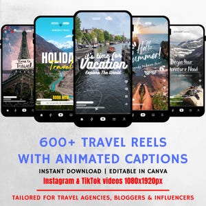 Puede incluir: Una colección de pantallas de teléfonos móviles que muestran contenido con temática de viajes. Las pantallas muestran varios destinos con subtítulos animados, incluyendo la Torre Eiffel, montañas y escenas costeras. El texto promociona reels de viaje para Instagram y TikTok.