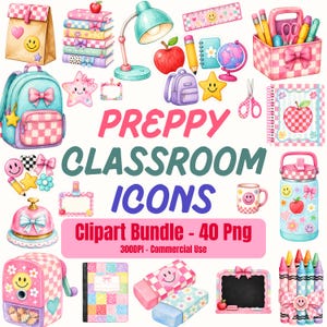 Puede incluir: Una colección digital de iconos escolares que incluye una mochila, libros, lámpara de escritorio, manzana, globo terráqueo, tijeras, botella de agua, sacapuntas y crayones en tonos pastel rosa, azul y amarillo con cuadros y caras sonrientes.