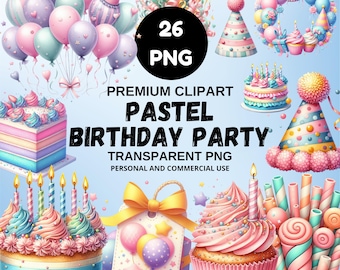 Pastel Birthday Party Clipart | balloons, Cupcake, Cake Topper & Celebration Graphics | Transparent PNG