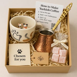 Türkischer Kaffee Geschenkset | Handgefertigter Kupfertopf, Katzentasse, Delight & Rezept | Süße Kaffee-Liebhaber-Box ”