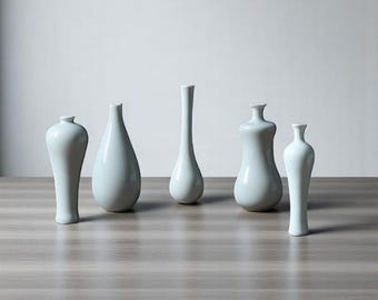 Pode incluir: Cinco vasos de cerâmica branca de várias formas estão dispostos sobre uma superfície de madeira. Os vasos têm superfícies lisas e brilhantes e estão vazios. O fundo é uma parede branca lisa. Os vasos são decorativos.