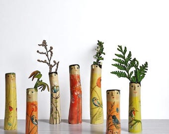 Zomerse keramische knopvazen | Handgemaakte aardewerken gezichtsvazen | Boho-huisdecoratie | Cadeau tuinliefhebber | Aardewerk voor droogbloemen