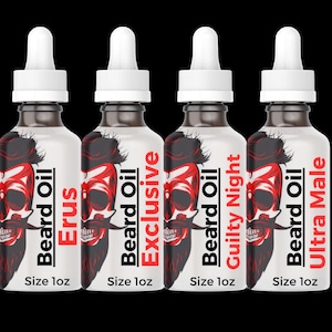 4-1oz bottles of Cologne scented beard oil, Erus, Exclusive, Ultra Man, Guilty Night. Best beard oil! Beard growth oil has 11 natural oils