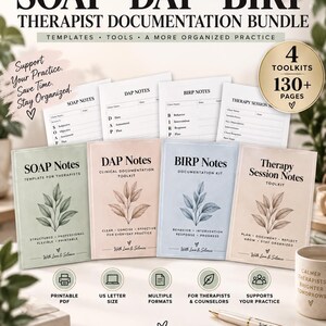 May include: A therapist documentation bundle featuring four booklets titled SOAP Notes, DAP Notes, BIRP Notes, and Therapy Session Notes. Each booklet has a leaf illustration and text. The set includes printable PDF templates, US letter size pages, and tools.