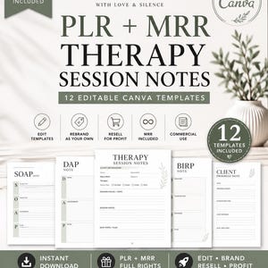 Puede incluir: Un conjunto de 12 plantillas editables de notas de sesión de terapia para Canva, con formatos SOAP, DAP, BIRP y notas de progreso del cliente. El documento digital incluye secciones para información del cliente y notas.