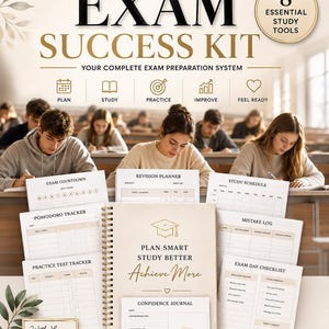 May include: An Exam Success Kit featuring 8 essential study tools, including a spiral-bound planner with the text Plan Smart Study Better Achieve More, a confidence journal, and various trackers for exams, pomodoro sessions, and study schedules.