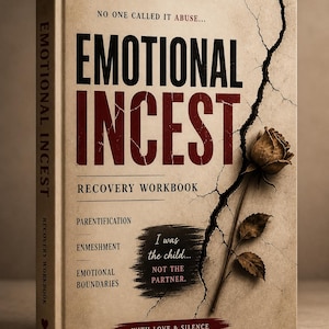 May include: A book titled "Emotional Incest Recovery Workbook" with a distressed, vintage design. The cover features the title in large, bold letters, with the words "I was the child... NOT THE PARTNER." A dried rose and a crack are on the cover.