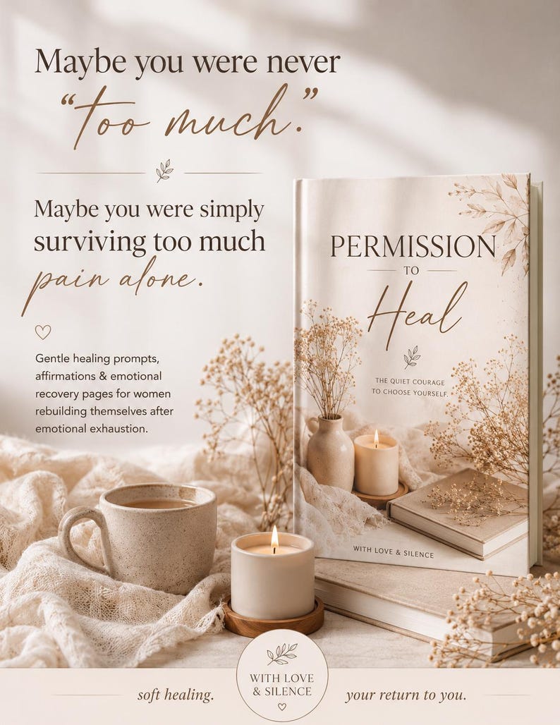 May include: A book titled "PERMISSION TO Heal" with a lit candle, a cup of tea, and decorative elements. The image includes text: "Maybe you were never 'too much.' Maybe you were simply surviving too much pain alone."