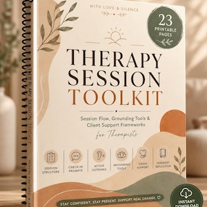 Könnte beinhalten: Ein spiralgebundenes "Therapy Session Toolkit" mit beigem Einband. Der Einband zeigt den Titel in großen, dunkelbraunen Buchstaben sowie den Text "Session Flow, Grounding Tools & Client Support Frameworks for Therapists." Enthält 23 druckbare Seiten.
