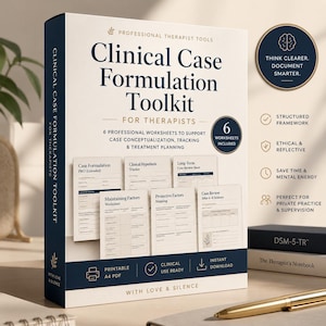 May include: A white and navy blue box titled "Clinical Case Formulation Toolkit for Therapists." The box includes six professional worksheets for case conceptualization, tracking, and treatment planning. The toolkit is designed for therapists and includes a printable A4 PDF.