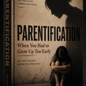 May include: A book cover with the title "Parentification" in large, bold letters. The cover features a distressed, sepia-toned background with the silhouette of a woman and a child. Text includes "A Workbook for Healing" and "When You Had to Grow Up Too Early."
