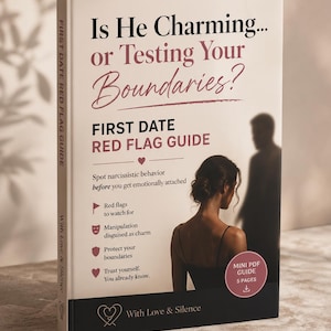 以下が含まれることがあります： 「Is He Charming... or Testing Your Boundaries?」というタイトルの本。女性のシルエットと男性の影が描かれています。表紙には「FIRST DATE RED FLAG GUIDE」と「With Love & Silence」の文字があります。