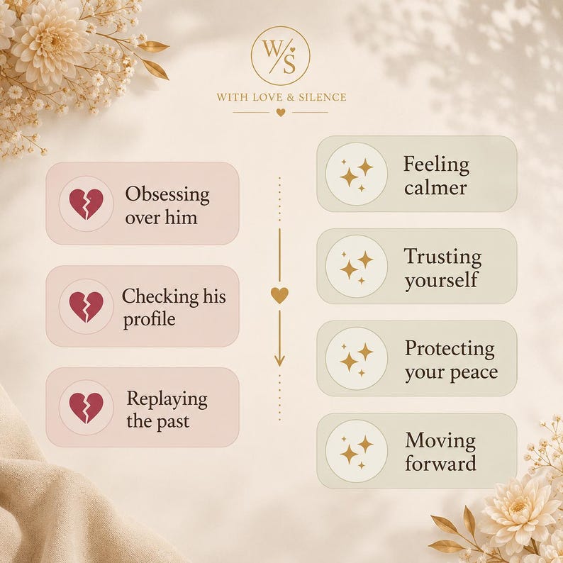 May include: A graphic chart titled With Love & Silence featuring two columns. The left column has three pink boxes with broken heart icons labeled Obsessing over him, Checking his profile, and Replaying the past. The right column has four green boxes with star icons labeled Feeling calmer, Trusting yourself, Protecting your peace, and Moving forward.