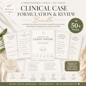 May include: A Clinical Case Formulation & Review bundle featuring 50+ pages of professional tools. Includes worksheets for maintaining factors, protective factors, clinical hypothesis tracking, and therapy case review for mental health professionals.