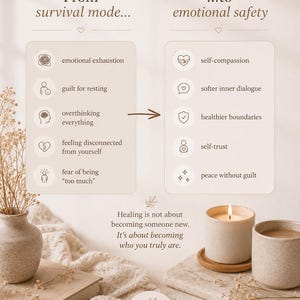 May include: A beige graphic with text about emotional well-being, transitioning from "survival mode" to "emotional safety." Includes illustrations and phrases like "self-compassion" and "peace without guilt." A lit candle and a vase with dried flowers are in the foreground.