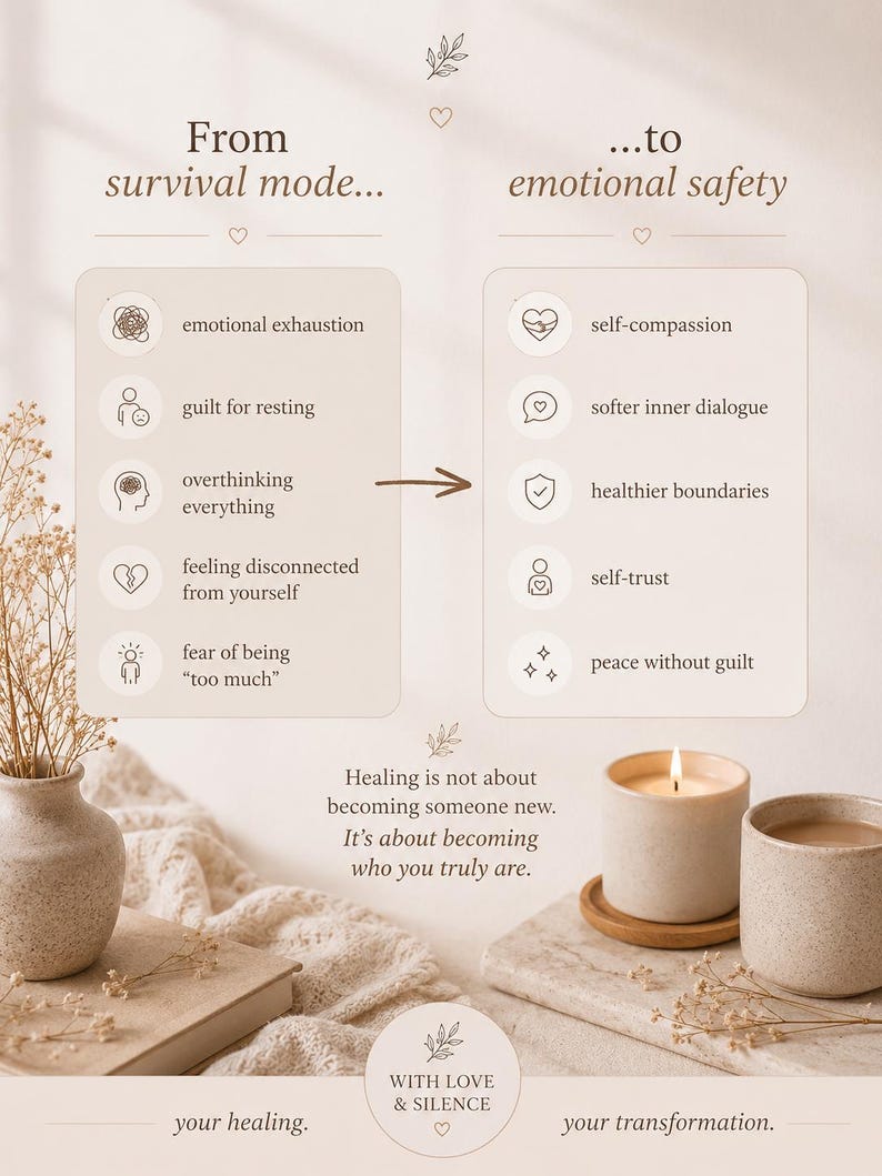 May include: A beige graphic with text about emotional well-being, transitioning from "survival mode" to "emotional safety." Includes illustrations and phrases like "self-compassion" and "peace without guilt." A lit candle and a vase with dried flowers are in the foreground.