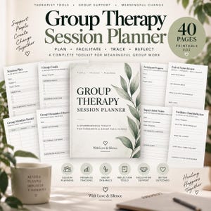 Könnte beinhalten: Ein Group Therapy Session Planner als druckbares PDF-Toolkit mit 40 Seiten. Das Cover zeigt eine grüne Blattillustration und den Text Group Therapy Session Planner. Enthält verschiedene Formulare zur Sitzungsplanung und Reflexion.
