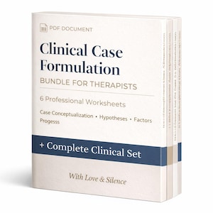 Może przedstawiać: Biały pakiet arkuszy roboczych zatytułowany "Clinical Case Formulation" dla terapeutów. Pakiet zawiera 6 profesjonalnych arkuszy roboczych obejmujących konceptualizację przypadku, hipotezy i czynniki. Widoczny jest również tekst "+ Complete Clinical Set" i "With Love & Silence".